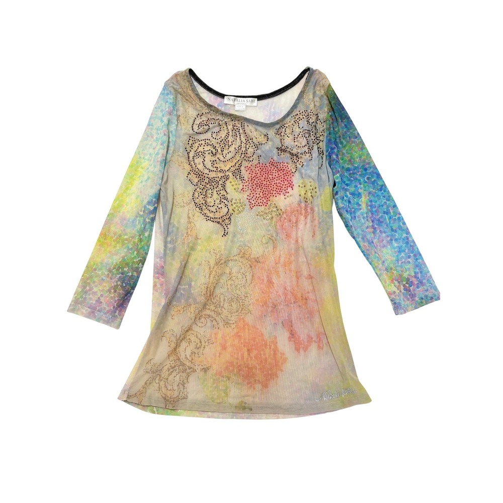 Natalia Sabe Vintage Y2K Mesh Rhinestone Graphic Top Large Watercolor Sheer Tee